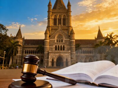 Bombay High Court building at sunset with gavel, guide to procedures by advocate bombay high court experts.