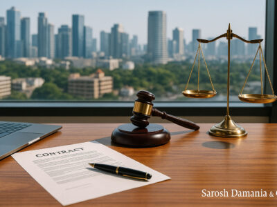 Corporate legal consultation desk with contracts, laptop, scales of justice – Corporate Lawyer in BKC – Sarosh Damania & Co.