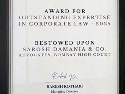 Award for Outstanding Expertise in Corporate Law 2025 presented to Sarosh Damania & Co. by Nippon Tube Industries