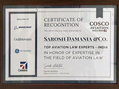 Certificate of Recognition - Top Aviation Law Experts India awarded to Sarosh Damania & Co. by COSCO Aviation