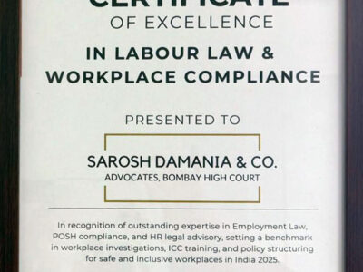 Certificate of Excellence in Labour Law and Workplace Compliance presented to Sarosh Damania & Co. by SutraHR