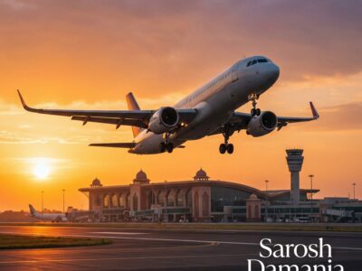 Commercial airplane taking off at Indian airport during sunset - Sarosh Damania and Co Aviation Lawyers