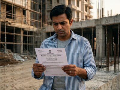 Builder cancellation notice flat allotment dispute India legal concept