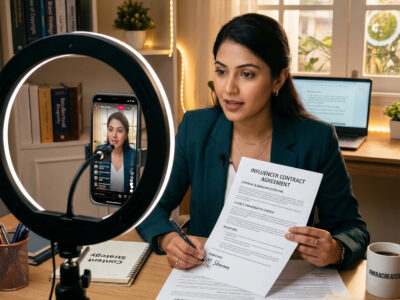 Instagram influencer signing brand collaboration agreement legal concept